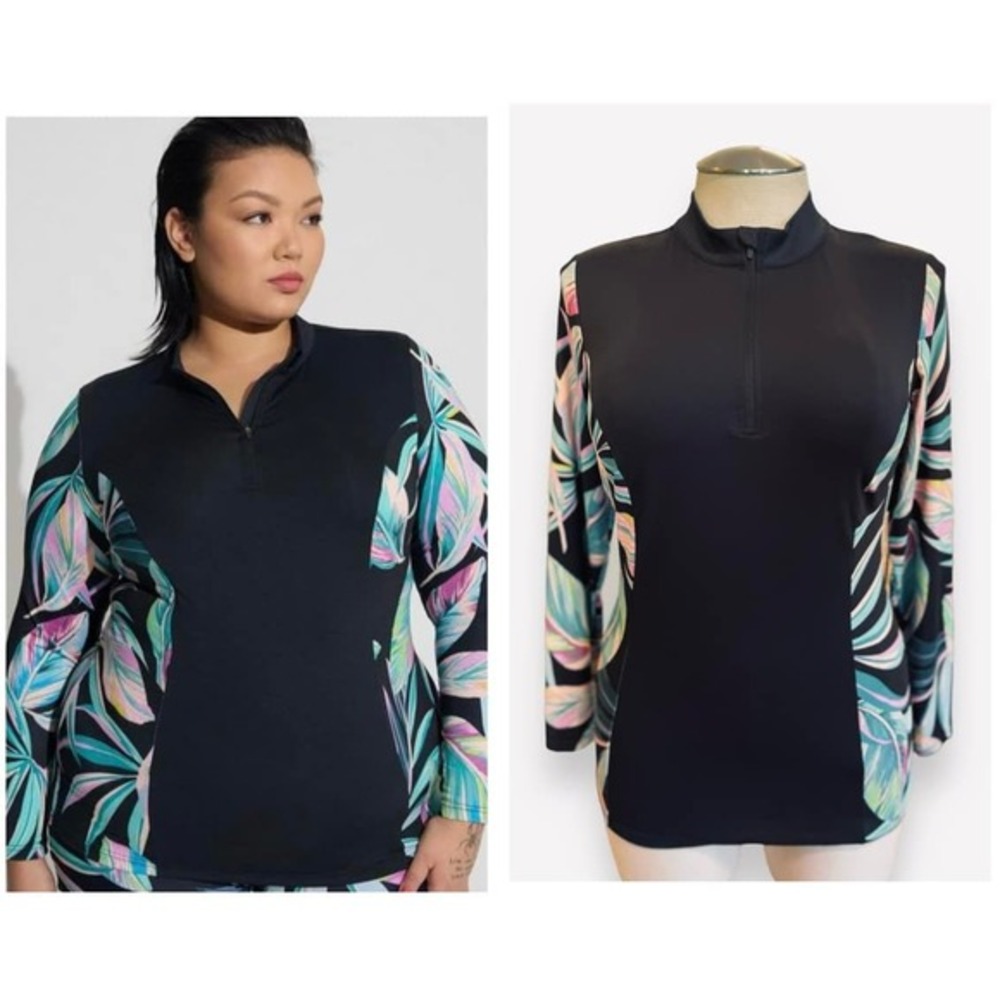 Torrid Plus Size 1 Wireless Unlined Partial Zip‎ Rashguard Long Sleeve Swim Top